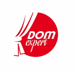 Czerwono-białe logo 'DOM expert' z abstrakcyjnym symbolem zasłony po lewej stronie.
