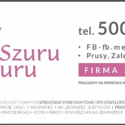 Logo firmy sprzątającej Szuru Buru z sylwetką skrzydlatej postaci na miotle, numerem telefonu i informacją o sprzątaniu dom&oacute;w, mieszkań, biur oraz po remontach i dla firm.
