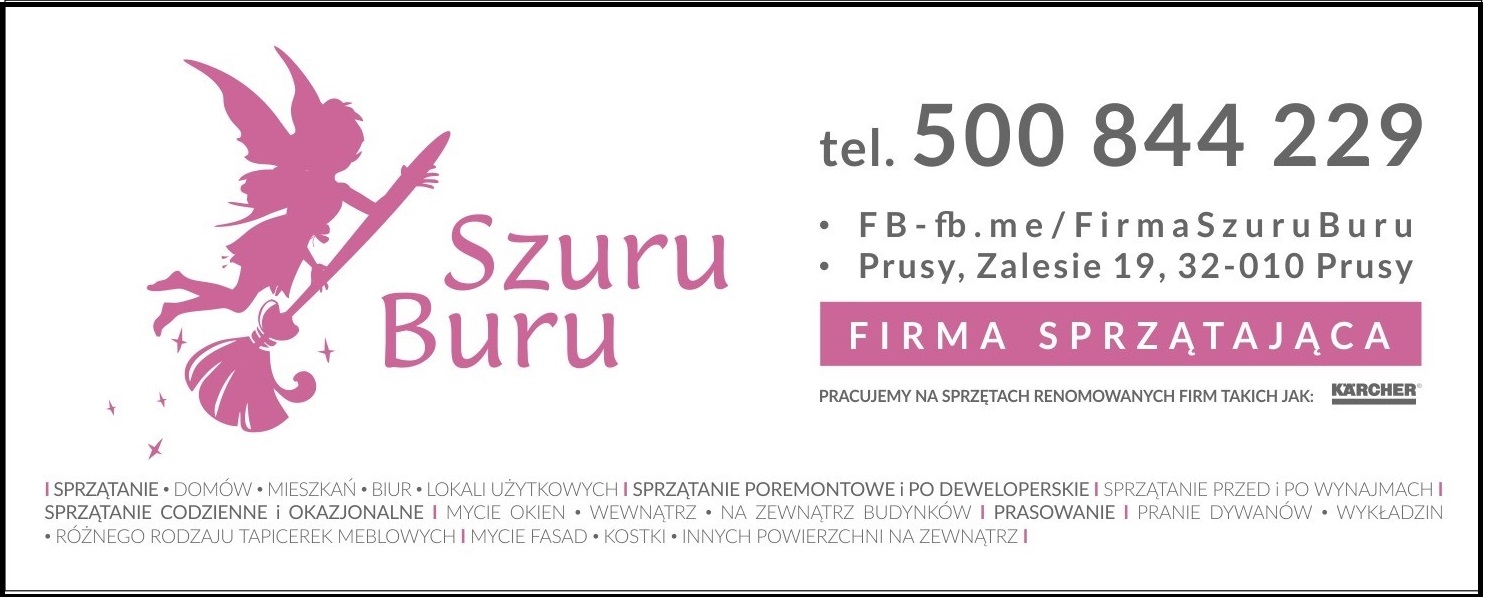 Logo firmy sprzątającej Szuru Buru z sylwetką skrzydlatej postaci na miotle, numerem telefonu i informacją o sprzątaniu domów, mieszkań, biur oraz po remontach i dla firm.