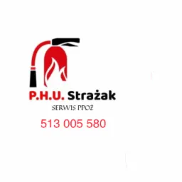 Logo firmy P.H.U. Strażak, serwis ppoż, z numerem telefonu 513 005 580, stylizowane na gaśnicę z płomieniem.