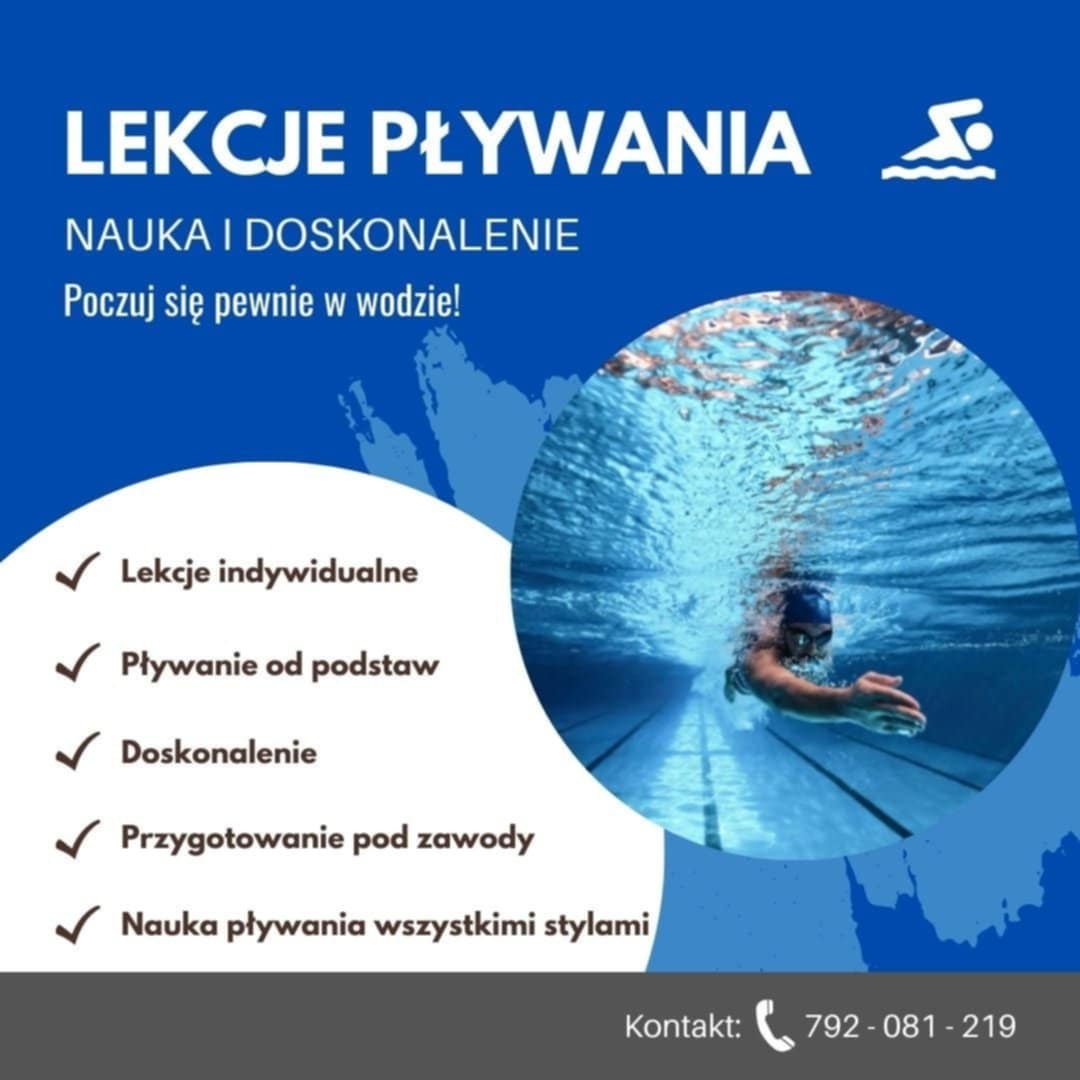 Grafika reklamowa: lekcje pływania, nauka i doskonalenie, pływak pod wodą, wyliczone korzyści i kontakt. Niebieskie tło, nowoczesny design.