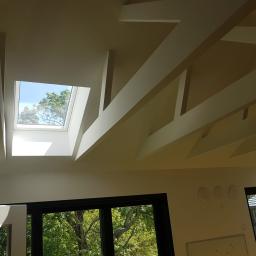 PEGAS Sp. z o.o. - Jasne wnętrze z pomalowanym sufitem w kolorze złamanej bieli, widoczne drewniane belki stropowe i okno dachowe z widokiem na drzewa.