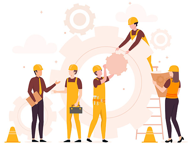 Ilustracja przedstawiająca zespół pracowników w żółtych kombinezonach i kaskach, montujących duże koło zębate, z jednym pracownikiem w garniturze i kasku nadzorującym prace, a innym sprawdzającym...