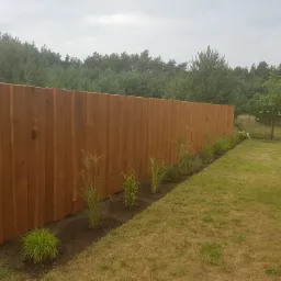 Nowo postawiony, wysoki, drewniany płot z pionowych desek, świeżo posadzone rośliny ozdobne wzdłuż płotu, trawnik i las w tle.