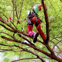 Arborysta w czerwonych spodniach i zielonej koszulce, zabezpieczony linami i uprzężą, wspina się na drzewo z gęstymi zielonymi liśćmi, obok gałęzi z biało-czerwoną taśmą ostrzegawczą.