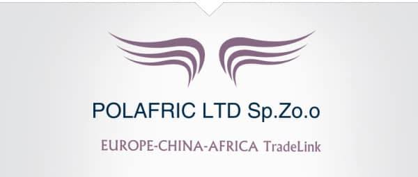 Logo firmy POLAFRIC LTD Sp.Zo.o z symbolem stylizowanych skrzydeł i napisem EUROPE-CHINA-AFRICA TradeLink na jasnoszarym tle.