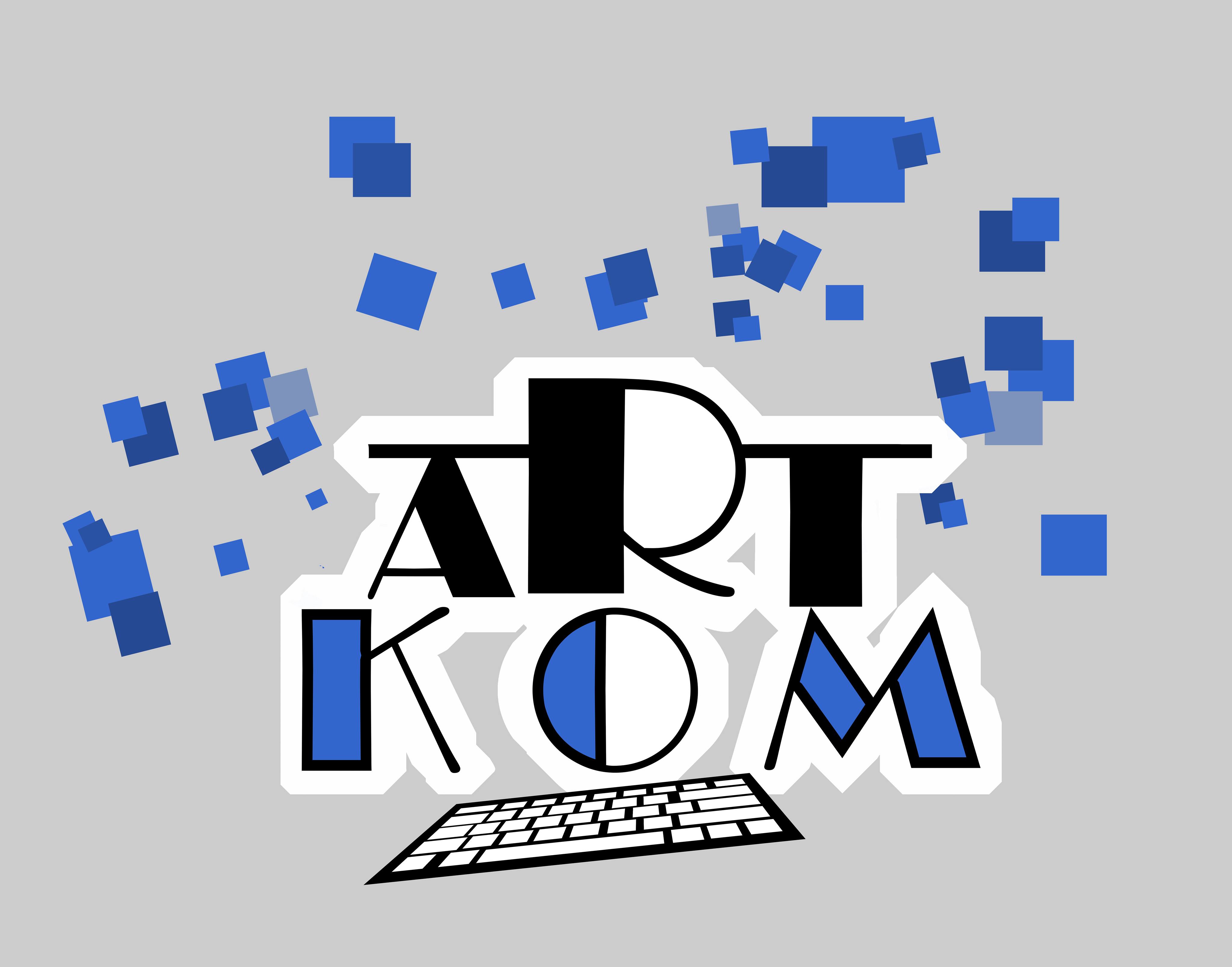 Graficzne logo 'ART KOM' z klawiaturą u dołu i abstrakcyjnymi niebieskimi kwadratami w tle.