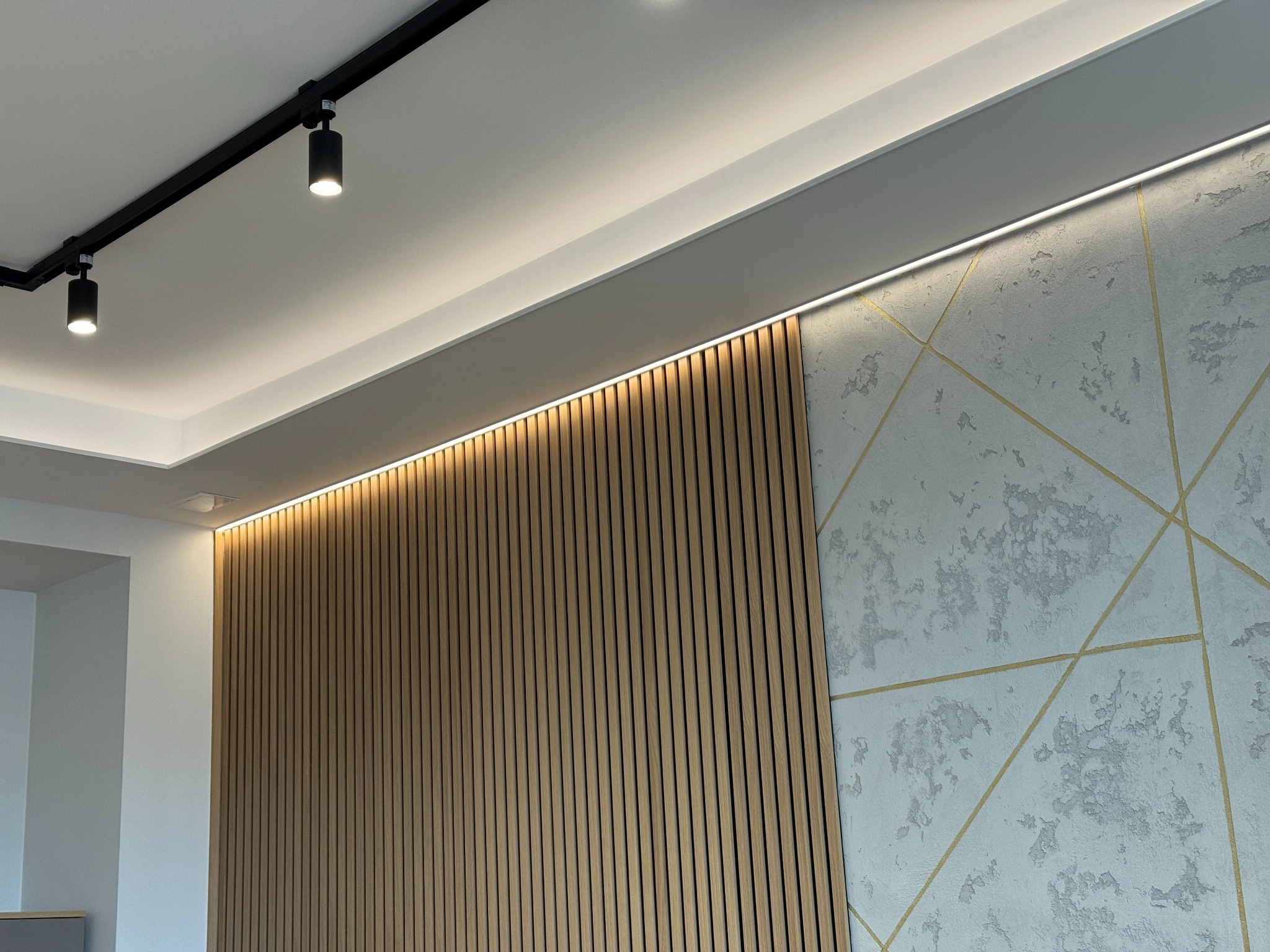 Nowoczesne wnętrze z drewnianą ścianą z lameli podświetloną taśmą LED, sufit z reflektorami punktowymi na szynoprzewodzie oraz ściana z dekoracyjnym tynkiem strukturalnym i złotymi geometrycznymi...