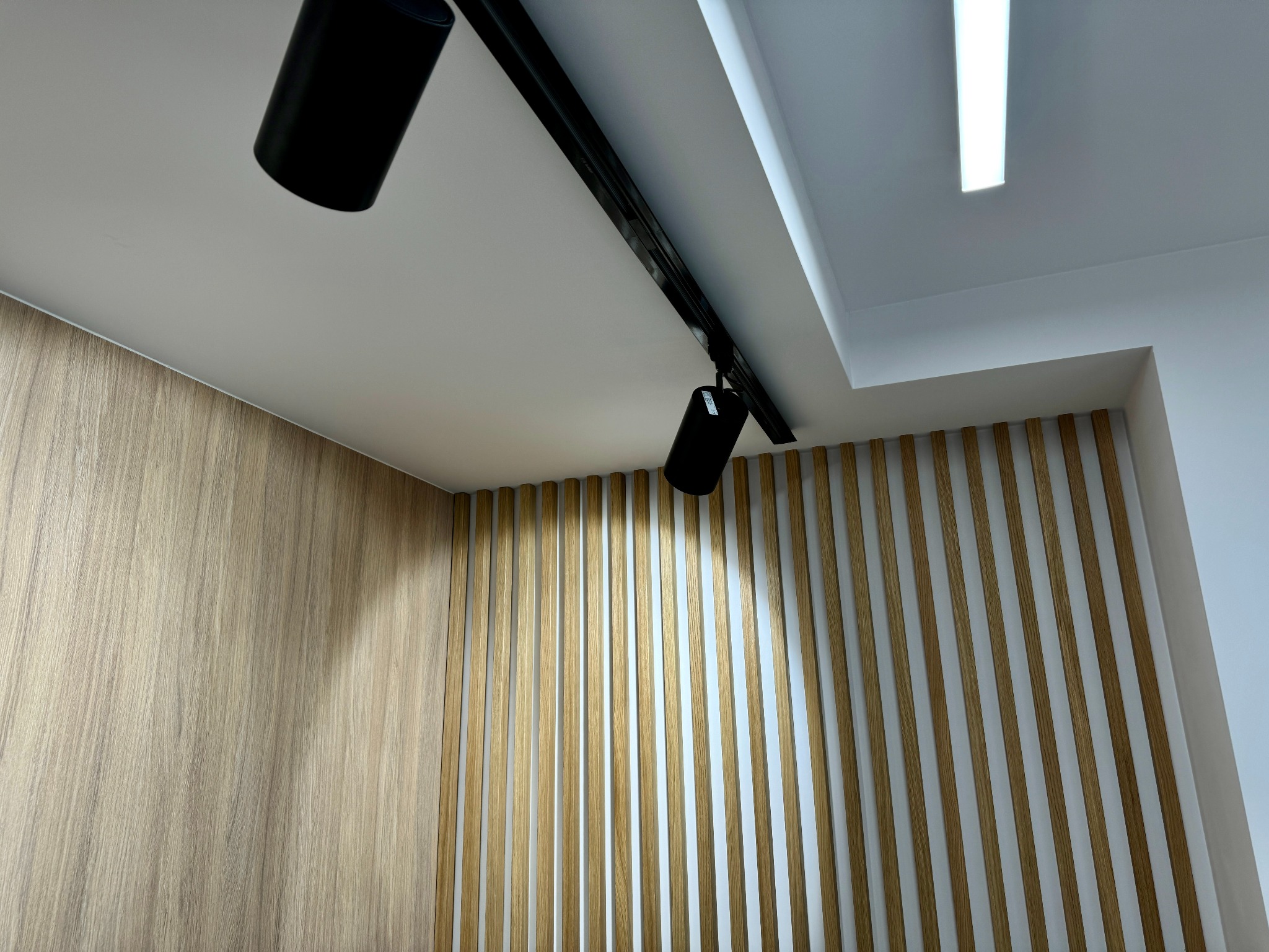 Nowoczesne wnętrze z drewnianą ścianą z pionowych listew, oświetleniem punktowym na szynoprzewodzie i podłużną lampą sufitową.