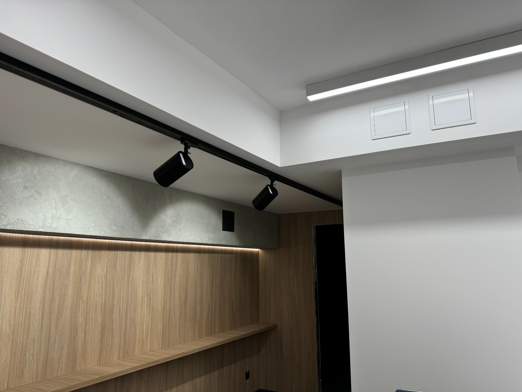 Nowoczesne wnętrze biura z oświetleniem szynowym, drewnianą okładziną ściany i półką, podkreślone subtelnym oświetleniem LED.