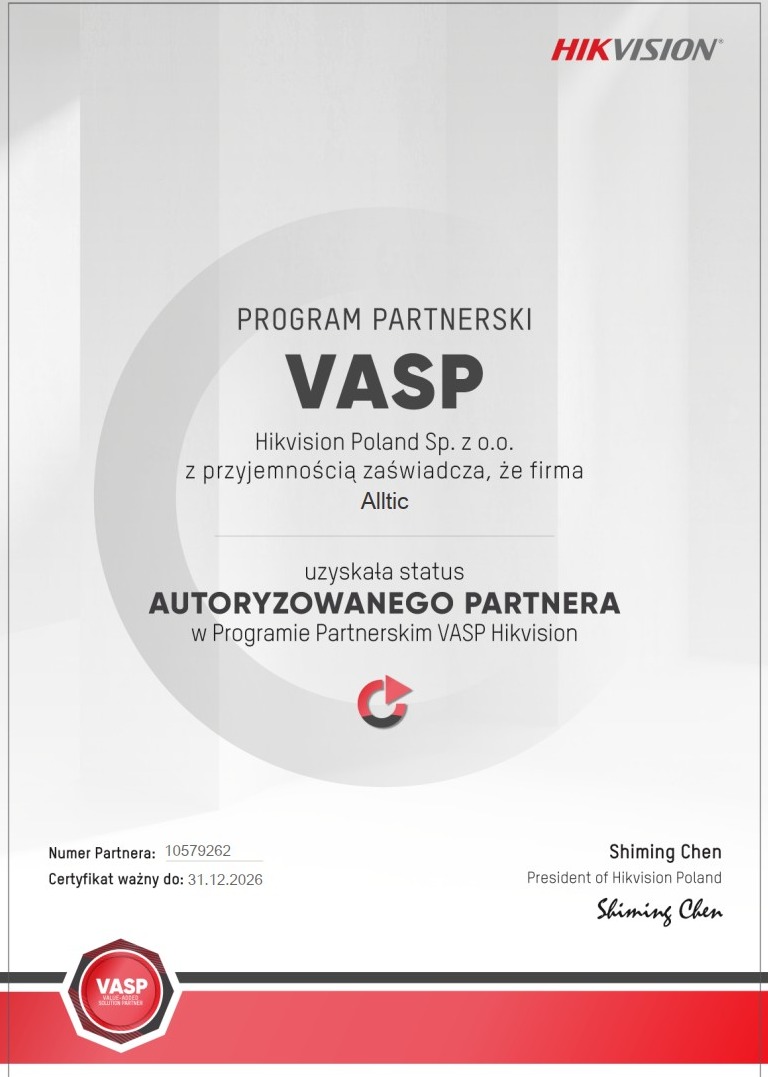 Certyfikat partnerski VASP Hikvision dla firmy Alltic. Dokument potwierdza status autoryzowanego partnera w programie partnerskim. Ważność do 31.12.2026.