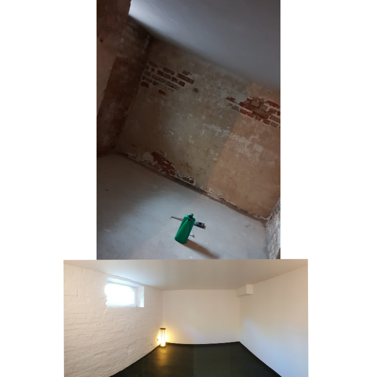 Dwa zdjęcia w jednym: górne przedstawia surowy stan pomieszczenia z odsłoniętą cegłą i zielonym spryskiwaczem na podłodze, dolne ukazuje to samo pomieszczenie po remoncie z białymi ścianami, czarną...