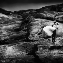 Czarno-białe zdjęcie: Pan młody trzyma pannę młodą na tle skalistego krajobrazu podczas pocałunku.