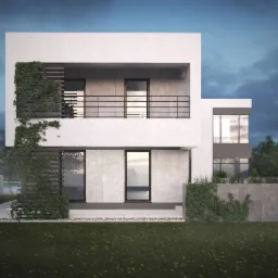 Wizualizacja nowoczesnego, dwukondygnacyjnego domu o białej elewacji z płaskim dachem, z elementami drewnianej okładziny i pnącą roślinnością na fasadzie, na tle pochmurnego nieba.