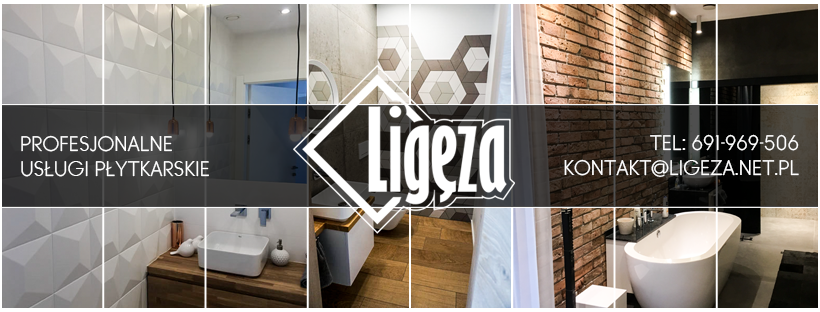 Profesjonalne usługi płytkarskie: Mozaika różnych płytek w łazience z wanną wolnostojącą, umywalką nablatową i ceglaną ścianą. Widoczne logo firmy Ligeza oraz dane kontaktowe.