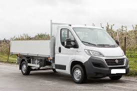 Biały samochód dostawczy typu wywrotka z otwartą skrzynią ładunkową, zaparkowany na poboczu drogi, w tle drzewa owocowe z białymi kwiatami i pochmurne niebo.