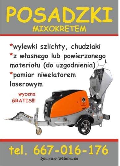 Grafika reklamowa prezentująca maszynę do wykonywania wylewek mixokretem, z informacją o wylewkach szlichtowych i chudziakach, pomiarze niwelatorem laserowym, wycenie gratis oraz numerem telefonu...
