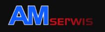 Logo firmy AM Serwis z niebieskim napisem AM i czerwonym SERWIS na czarnym tle.