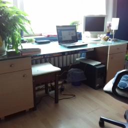 FHU ANMEBEL - Domowe biurko z blatem z przezroczystego szkła, pod którym widać szuflady i metalowe podpory, na blacie laptop, monitor CRT, lampka i roślina doniczkowa, a pod spodem komputer stacjonarny i krzesło...