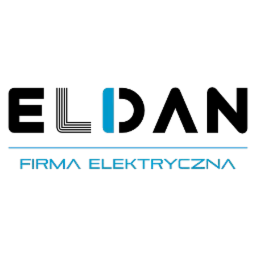 Logo firmy elektrycznej ELDAN z niebieskim akcentem w literze D i napisem 'FIRMA ELEKTRYCZNA' pod spodem.