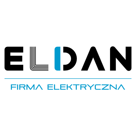 Logo firmy elektrycznej ELDAN z niebieskim akcentem w literze D i napisem 'FIRMA ELEKTRYCZNA' pod spodem.