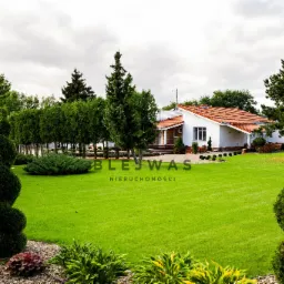 Rozległy, zadbany ogród z trawnikiem, spiralnie przyciętymi tujami i białym domem z czerwoną dachówką w tle, logo firmy nieruchomości w centralnej części kadru.