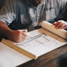 Architekt w szarej koszuli z logo KPA rysuje plan rozbudowy domu na drewnianym stole przy użyciu ołówka i kalki technicznej.