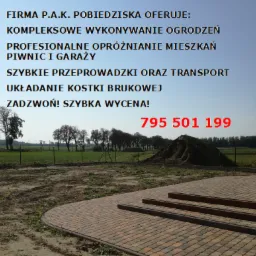 Baner reklamowy firmy P.A.K. Pobiedziska oferującej kompleksowe wykonywanie ogrodzeń, opróżnianie mieszkań, przeprowadzki, transport oraz układanie kostki brukowej, z numerem telefonu 795 501 199...