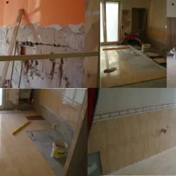 Mozaika zdjęć przedstawiających remont łazienki: od surowych ścian i podłogi, przez układanie płytek podłogowych przez glazurnika, po częściowo wykończone ściany z beżowych płytek z ozdobnym pasem.