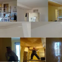 Mozaika zdjęć przedstawiająca wnętrze w trakcie malowania i nakładania tynk&oacute;w dekoracyjnych, widoczne rusztowania, narzędzia i pracownik w kombinezonie na rusztowaniu, nakładający tynk na sufit.