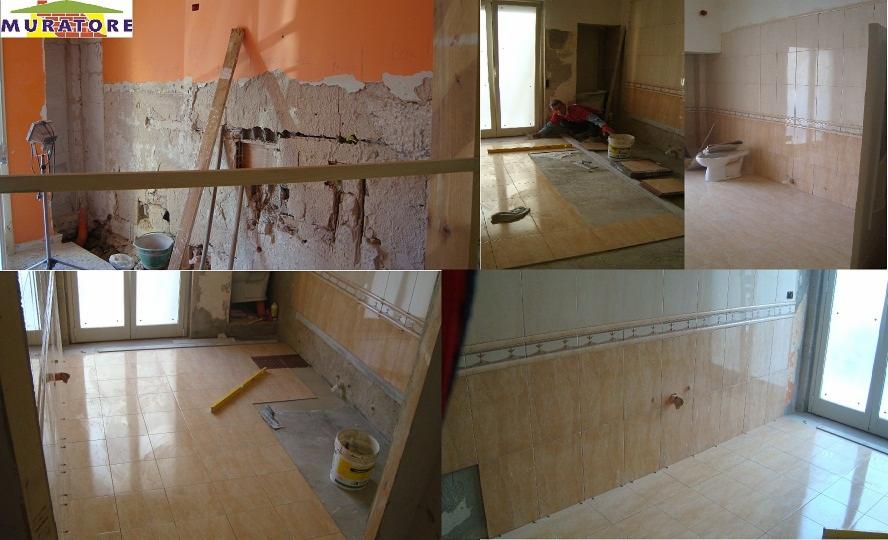 Mozaika zdjęć przedstawiających remont łazienki: od surowych ścian i podłogi, przez układanie płytek podłogowych przez glazurnika, po częściowo wykończone ściany z beżowych płytek z ozdobnym pasem.