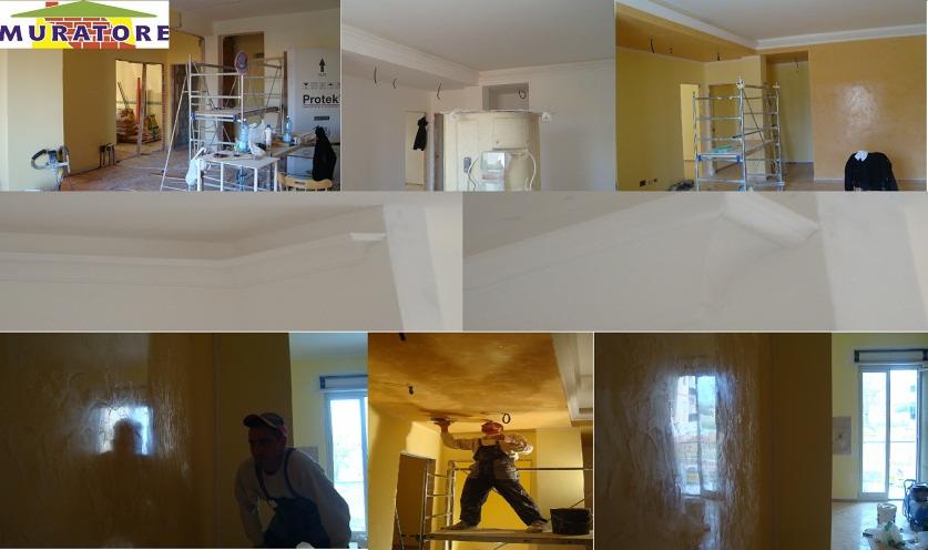Mozaika zdjęć przedstawiająca wnętrze w trakcie malowania i nakładania tynków dekoracyjnych, widoczne rusztowania, narzędzia i pracownik w kombinezonie na rusztowaniu, nakładający tynk na sufit.