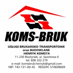 Logo firmy KOMS-BRUK oferującej usługi brukarskie, transportowe i budowlane, z adresem, numerem telefonu, adresem e-mail, NIP i REGON.