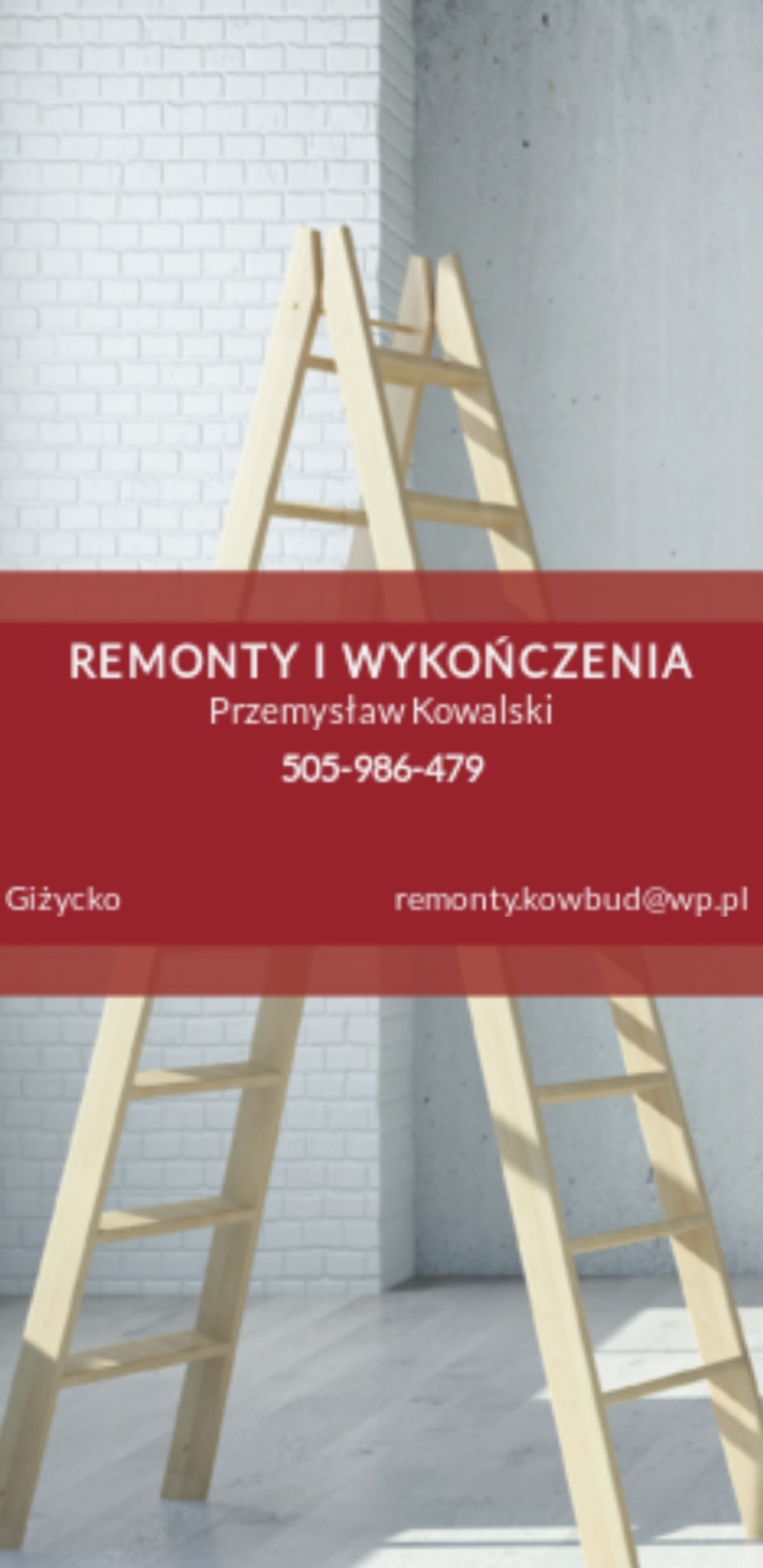 Drabina malarska na tle białej ściany z cegły i szarej ściany, z nałożonym czerwonym paskiem z danymi kontaktowymi firmy remontowej.