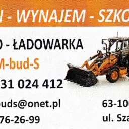 Wizytówka firmy M-bud-S oferującej usługi koparko-ładowarką, wynajem i szkolenia. Na wizytówce ilustracja koparko-ładowarki.