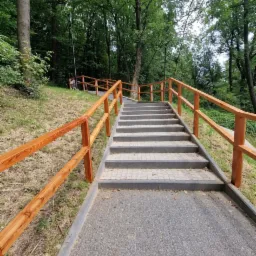 Betonowe schody z drewnianą balustradą prowadzą w górę zbocza porośniętego zielenią, w tle widoczny las. Ujęcie z dołu, podkreślające perspektywę.