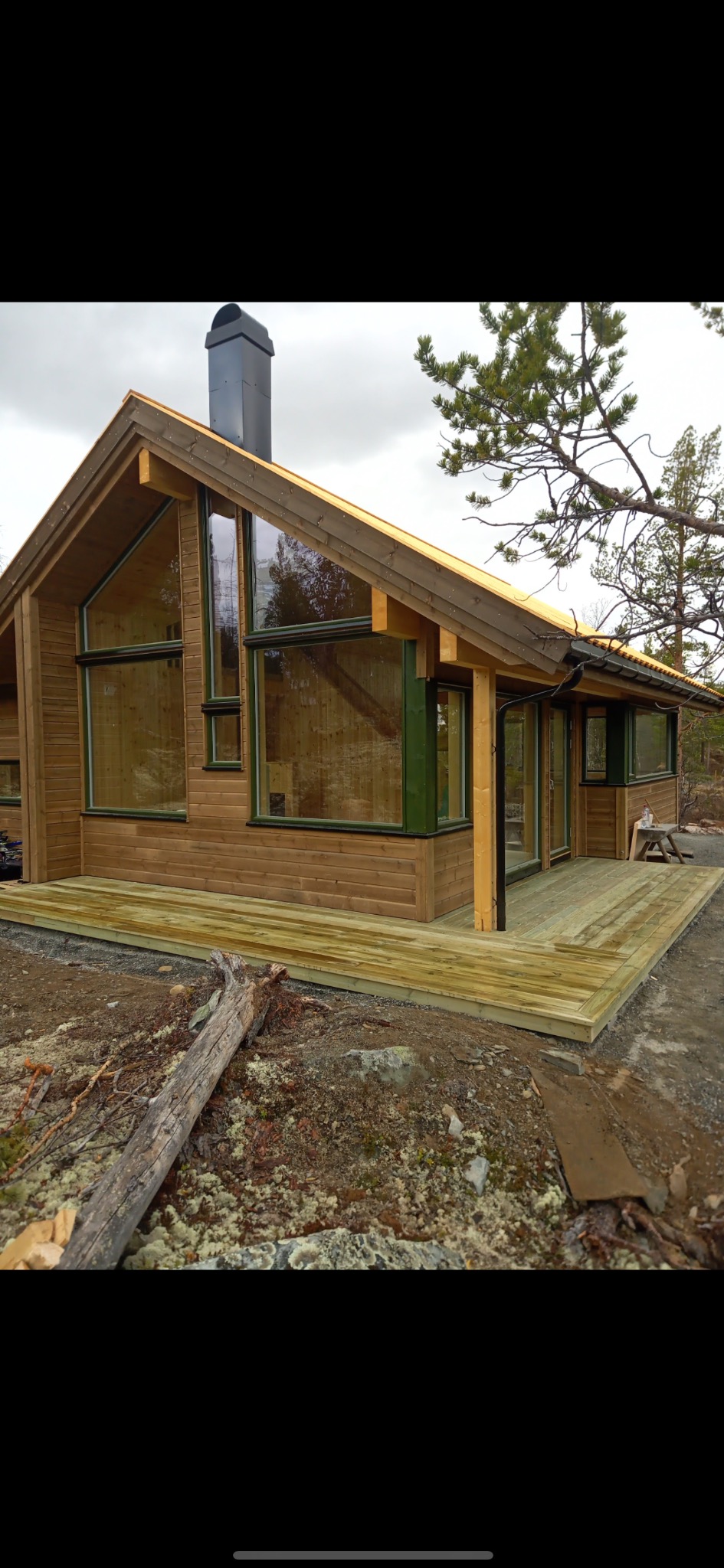 Szkieletowy domek z drewnianą elewacją i dużymi oknami, otoczony leśnym krajobrazem. Widoczny drewniany taras i czarny komin. Zielone ramy okienne.