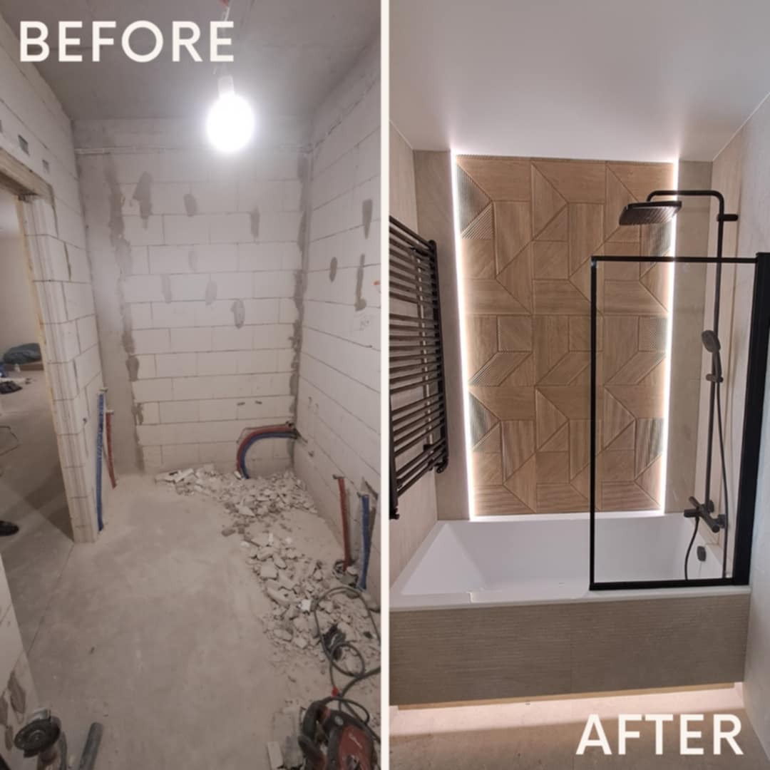 Porównanie łazienki przed i po remoncie w Pabianicach: surowe ściany z instalacjami kontra nowoczesna aranżacja z geometryczną mozaiką, czarną armaturą i podświetleniem LED.