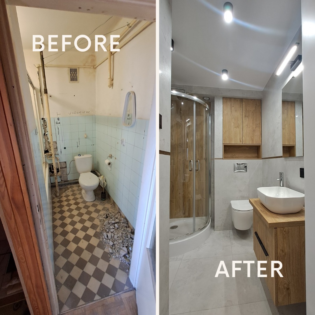 Porównanie łazienki przed i po: stara, zniszczona z niebieskimi płytkami i nowa, jasna z kabiną prysznicową, umywalką na szafce z drewnianym fornirem i szarymi płytkami.