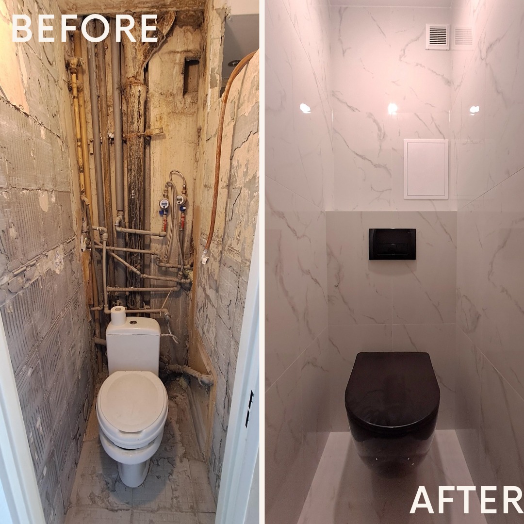 Porównanie stanu toalety przed i po: surowe ściany z odsłoniętymi rurami kontra wykończona łazienka z białymi płytkami imitującymi marmur i czarną miską WC.