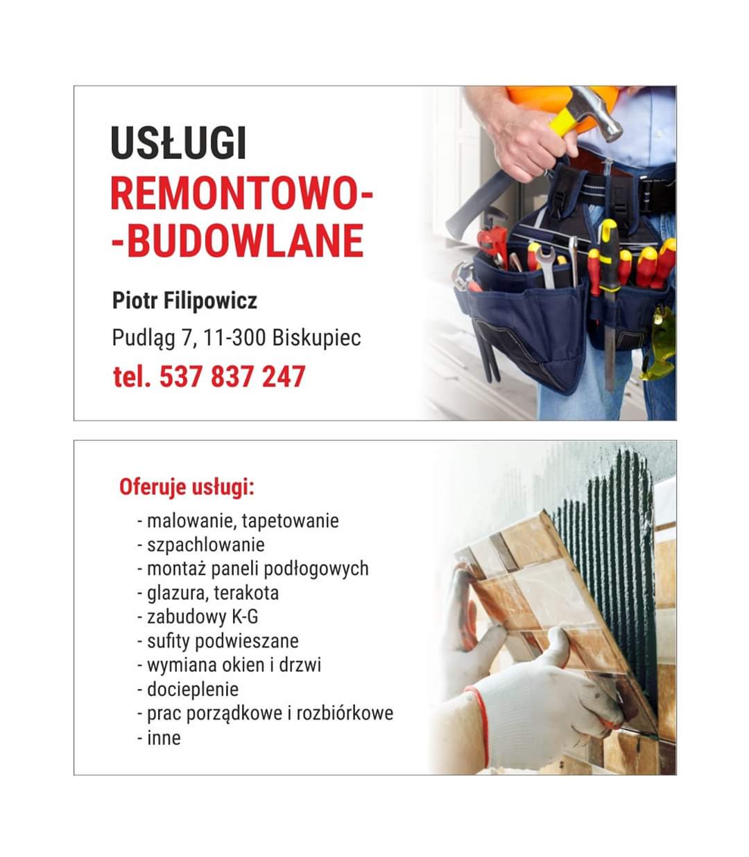 Reklama firmy remontowo-budowlanej: górna część z monterem i pasem narzędzi, dolna część z układaniem płytek ceramicznych na ścianie.