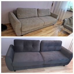 P.M.B Mebelart - Dwuetapowe ujęcie: Zniszczona, szara sofa przed renowacją i odnowiona, ciemnoszara sofa po naprawie z widocznymi przeszyciami na poduszkach.