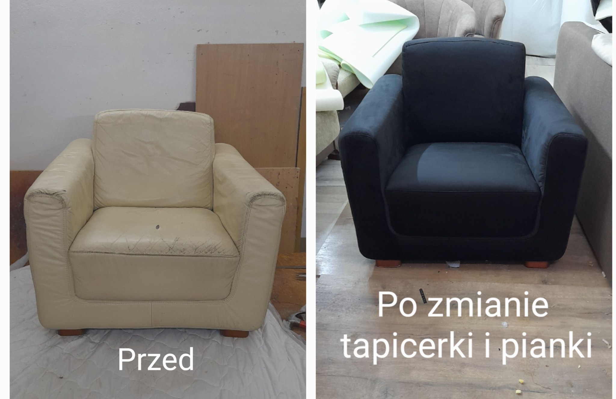 Porównanie fotela przed i po renowacji tapicerskiej: stary, beżowy fotel z widocznymi uszkodzeniami obok odnowionego, czarnego fotela z nową tapicerką i pianką.