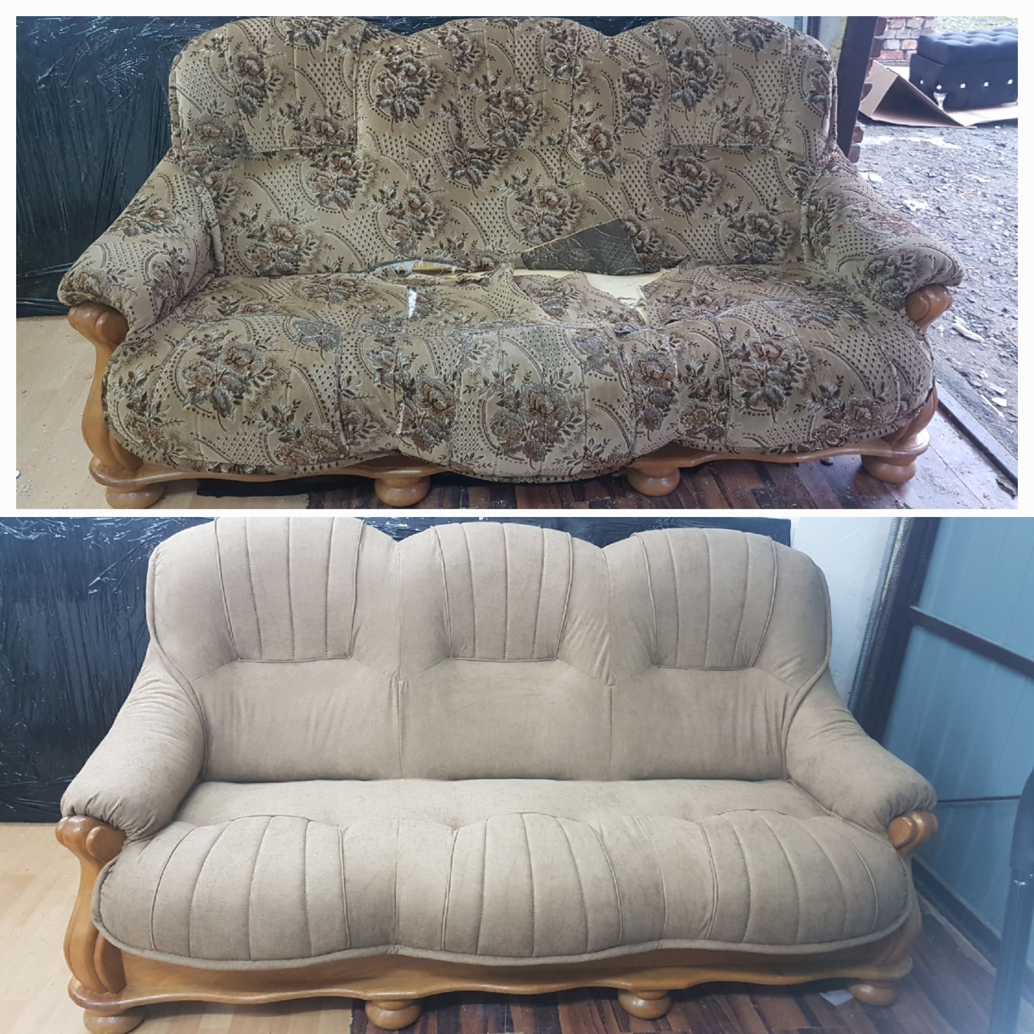 Zdjęcie przedstawia starą, zniszczoną sofę z kwiatowym wzorem przed renowacją oraz odnowioną sofę w jednolitym, beżowym kolorze z drewnianymi elementami.
