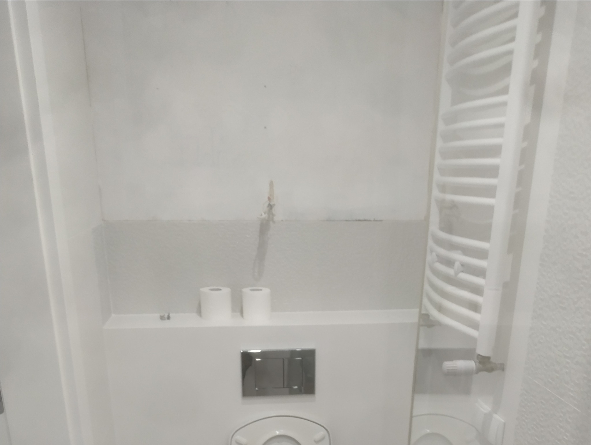 Biała łazienka w trakcie prac wykończeniowych: widoczny fragment ściany z niedokończonymi fugami, grzejnik drabinkowy, toaleta z przyciskiem spłukującym i rolki papieru toaletowego.