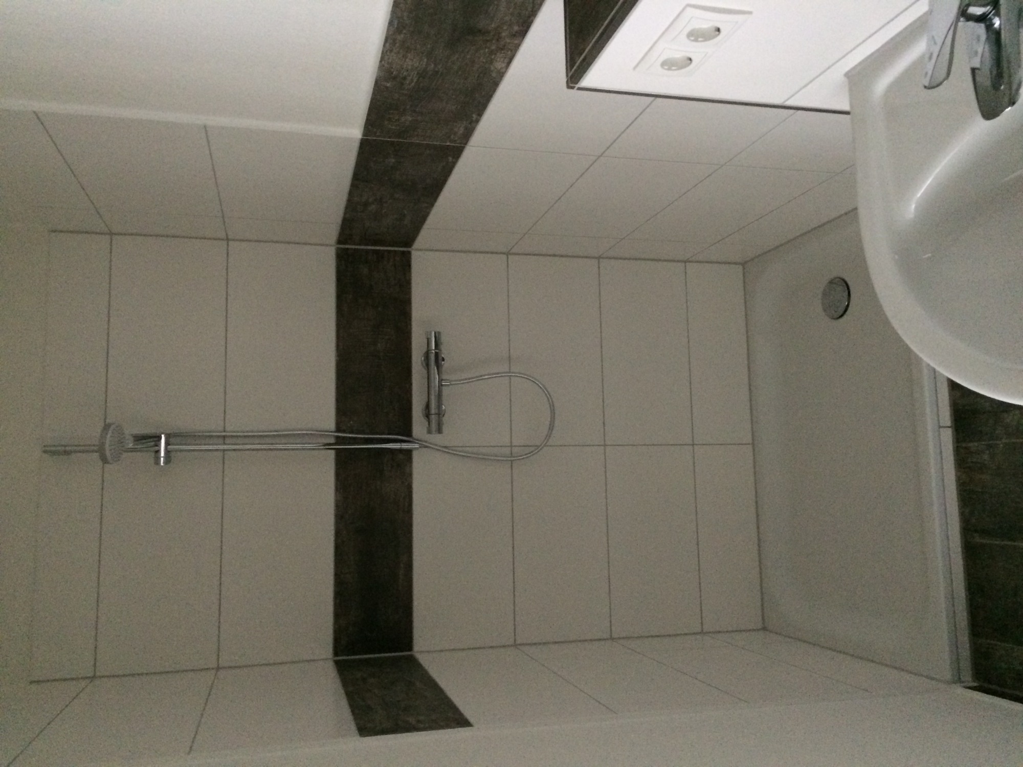 Biała łazienka z ciemnym, pionowym pasem płytek dekoracyjnych, widoczny prysznic z deszczownicą i umywalka.