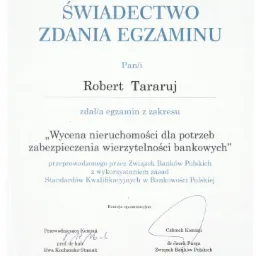 Świadectwo 'Wycena nieruchomości dla potrzeb zabezpieczenia wierzytelności bankowych'.