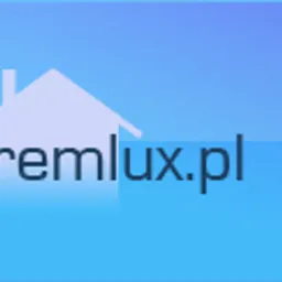 Logo firmy remontowej Remlux.pl na gradientowym, niebieskim tle z ikoną domu.