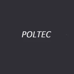 Logo firmy POLTEC na ciemnoszarym tle.