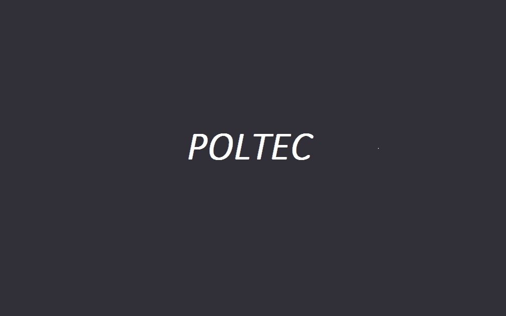 Logo firmy POLTEC na ciemnoszarym tle.